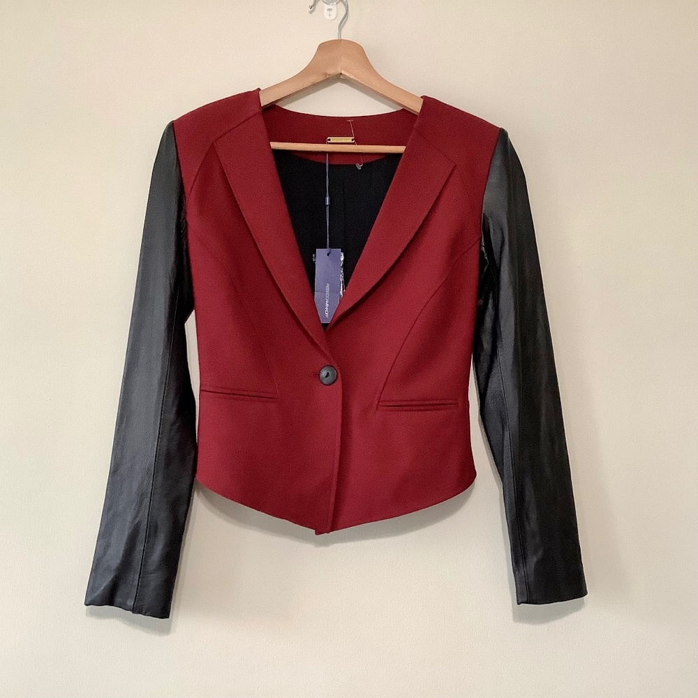 Rebecca Minkoff Wool Blazer Leather Jacket Burgundy Red Black Combo